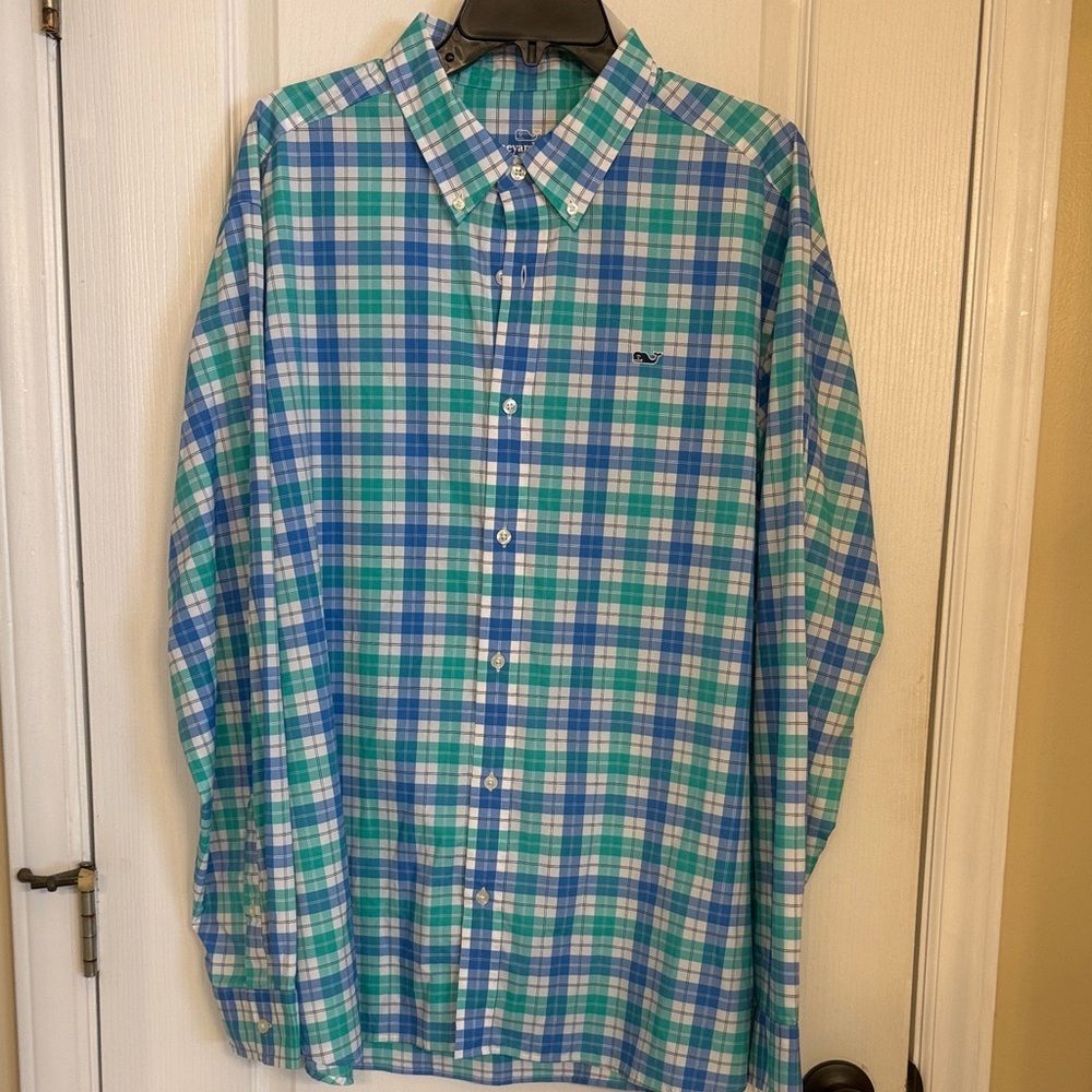 Vineyard Vines Performance Men's Blue and Green Plaid Shirt